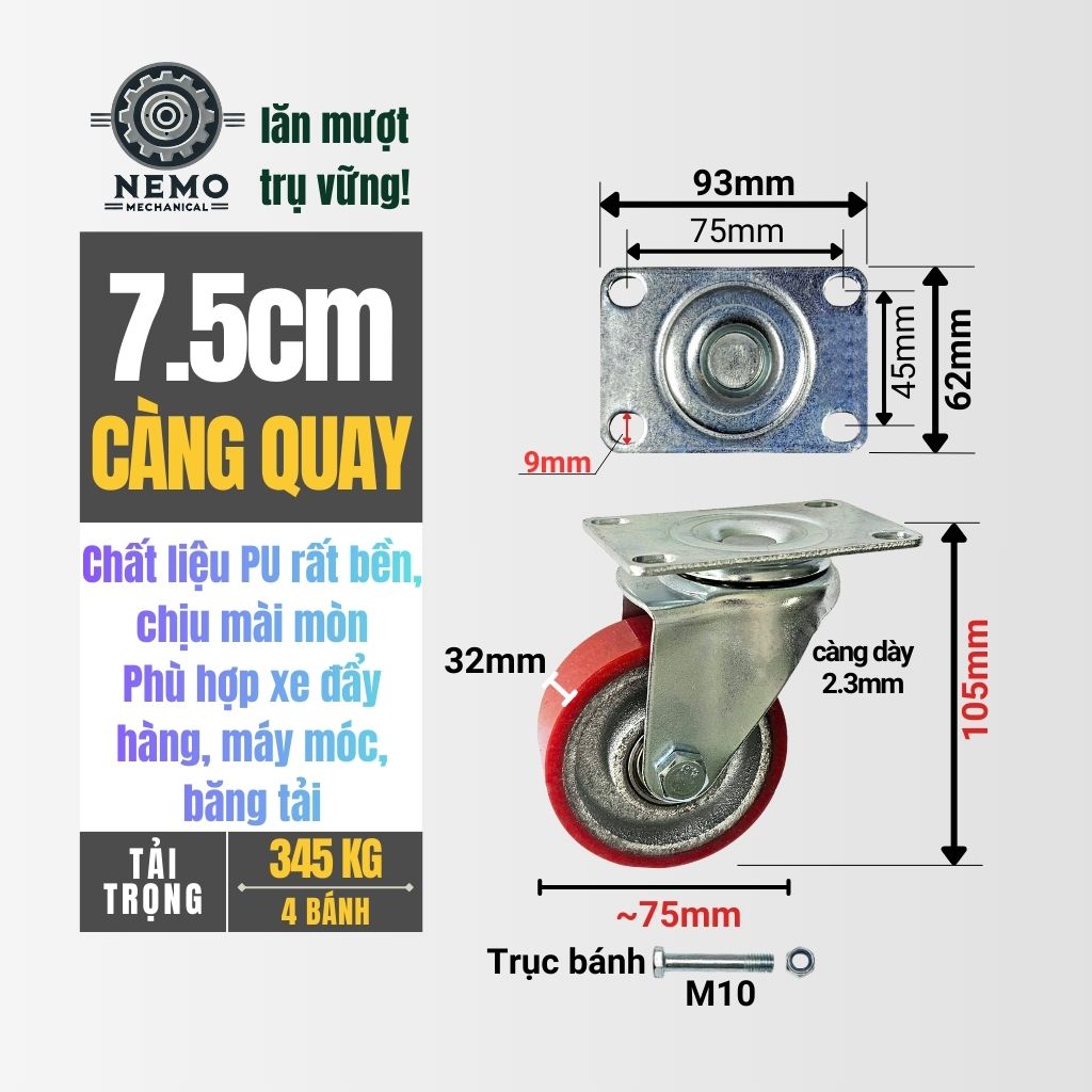 Bánh Xe PU Cốt Sắt Tải Trung – Siêu Bền, Kháng Dầu Mỡ (D75, D100, D125)